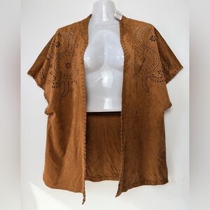 Krazy Kat Western Boho Cardigan Tan Brown Faux Suede Women M/L Laser Cut